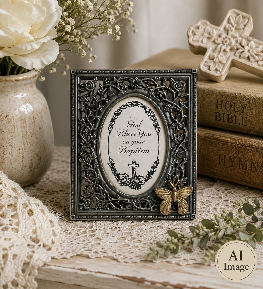 💒🖼️God Bless You Baptism Pewter Picture Frame Butterfly Religious Keepsake